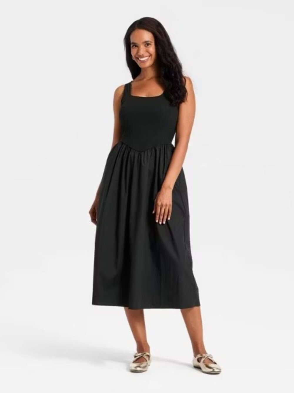Women's Black Knit to Woven Midi Dress Square Neck Sleeveless Flowy A New Day M